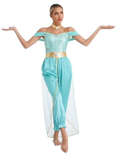 CHICTRY Costume da Principessa Araba Donna Paillettes Vestito con Girocollo Costume da Araberina Tuta per Danza del Ventre Cosplay di Halloween Turchese L