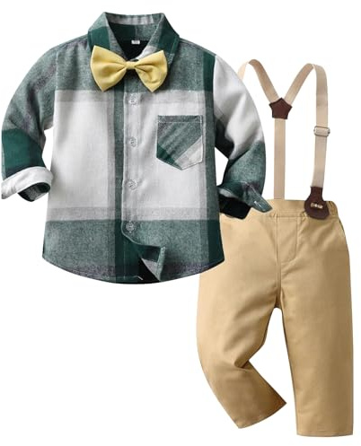Kunyeah Ensemble à carreaux pour garçon Chemise à manches longues avec nœud papillon pour enfant Pantalon à bretelles pour enfants 1-6 ans (Vert, 2-3 ans)
