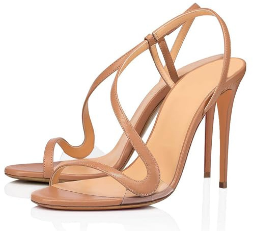 Rozhuhro Strappy Stiletto Heels Sandals for Women Simple Open Toe Pull on Dressy High Heels Sandals Elegant Round Toe Party Prom Wedding Pump Shoes,Brown,3 UK