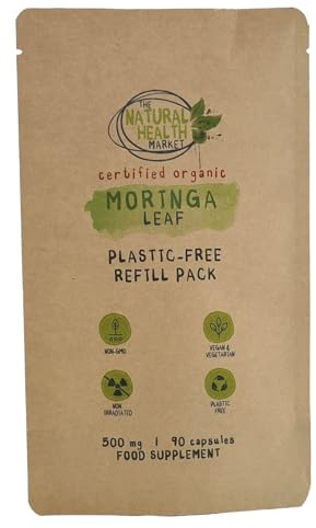 The Natural Health Market Moringa Capsules, 500mg, Organic, Vegan, Plastic-Free Packaging, UK Made to Soil Association Standards (90 Capsule Pouch)