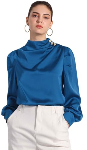 Allegra K Chemisier en Satin Femmes Élégant Haut Froncée à Col Montant avec Bouton de Perle Décoratifs Blouse Manches Bouffantes Bleu XL