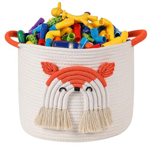 Ceste per la Conservazione dei Giocattoli per Bambini, Cesto in Corda di Cotone con Decorazione 3D di Volpe, Cesto per Coperte per il Soggiorno, Portagiochi, Contenitore Giochi Bambini, Arancione