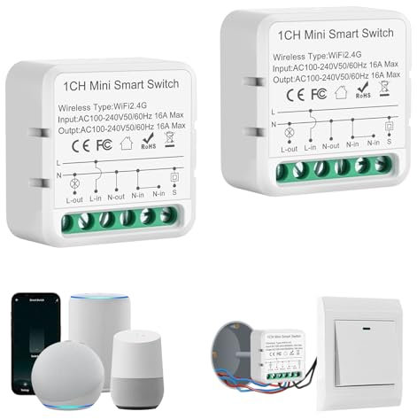 Interruptor wifi Alexa, Interruptor inteligente wifi, 2.4G Modulo Rele WiFi, Smart Switch para Alexa, Tuya App, Smart Life App, Max 16A, Conductor Neutro Necesario