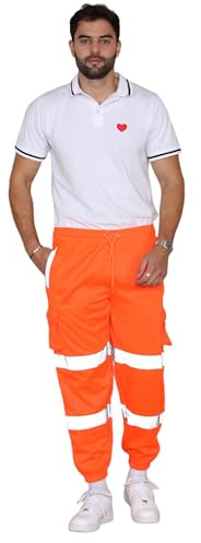 Hi Viz Men's Fleece Work Trousers Reflective Safety Hi Vis Joggers - Men High Visibility Combat Workwear Bottoms Pants (Orange, Large)