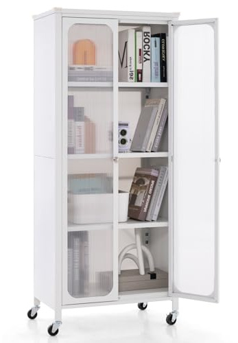 NAFORT Bookcase with Doors and Adjustable Shelves, Freestanding Bookshelf Storage Cabinet with 4 Wheels, Multi-Purpose Display Case for Living Room, Bedroom, Kitchen, Home Office, White