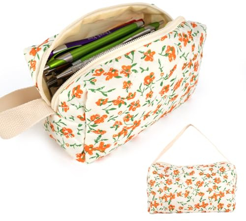 Kaempe Federmäppchen, Großes Mäppchen für Schule Büro, Tragbare Federtasche, Federmäppchen Mädchen mit Aesthetic Blumen, Pencil Case für Erwachsene Teenager Schlampermäppchen Kosmetiktasche (Orange)