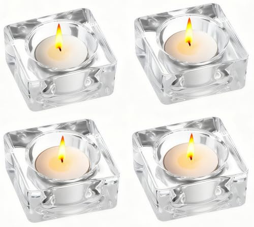 4 Pcs Clear Glass Tealight Candle Holders, Assorted Shapes, Fits Tea Lights With Diameter Up to 4cm, Perfect for Home Decor, Wedding, Party & Table Centerpieces (Square Shape)
