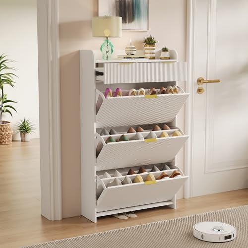 Armadio Scarpiera Slim con 3 Scomparti a Ribalta e 2 Cassetti - Scarpiera Bianca con Pannelli Scanalati e Maniglie Dorate - Organizzazione Scarpe Salvaspazio per Ingresso e Corridoio, 77x24x133cm