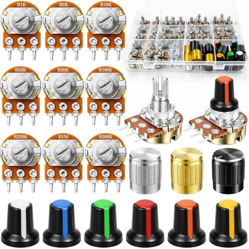 CoKeeSun 111PCS WH148 Rotary Potentiometer Kit, 9 Values B1K-B1M, Single Gang Set with Potentiometer Knobs, Nuts, Washers and Storage Box for DIY Electronics and Repair