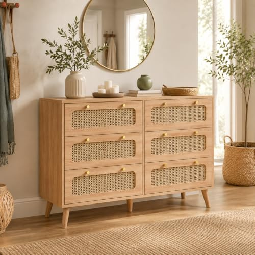 Cómoda de 6 cajones de Madera, Estilo nórdico, cómoda de Almacenamiento con Paneles de ratán, cómoda de Dormitorio Adulto, Color Madera Natural, 100x34x73 cm