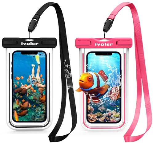 ivoler wasserdichte Handyhülle Tasche 2 Stücke, Handytasche Wasserdicht, Handy Wasserfest Hülle, Universal Staubdichte Schutzhülle für iPhone, Samsung, Huawei, usw bis zu 6.8 Zoll. (Schwarz+Rosa)