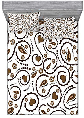ABAKUHAUS Romantisch Buntes Spannbetttuch- und Kissen-Set, Liebes-Herz-Wirbels-Punkte, Dekoratives und Bedrucktes 3-teiliges Bettwäscheset, 150 cm x 200 cm, Dunkelbraun und Weiß