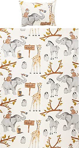Erwin Müller Kinder-Bettwäsche, Bettgarnitur Zoo-Tiere Flanell braun-Silber-weiß Größe 40x80 cm / 135x200 cm - temperaturausgleichend, wohlig warm, weich mit praktischem Reißverschluss