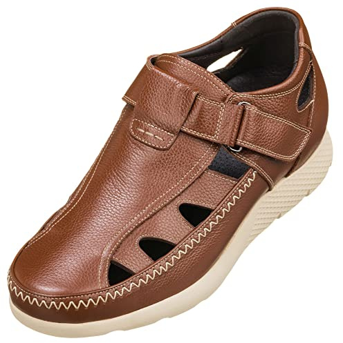CALTO Men's Invisible Height Increasing Elevator Shoes - Brown Premium Leather Lightweight Fisherman Sandals - 2.8 Inches Taller - K2133 - Size 9 D(M) US