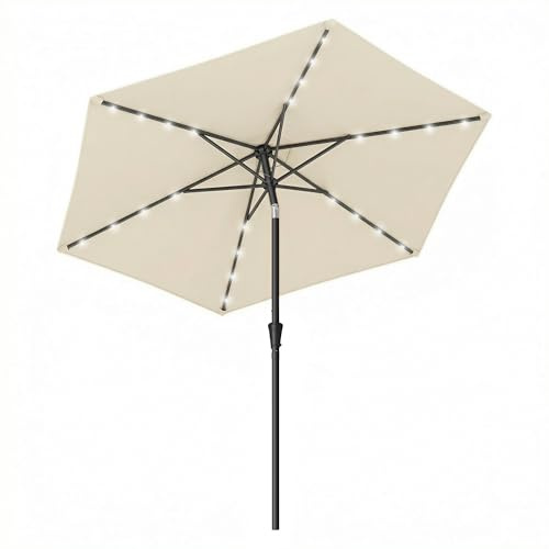 SONGMICS 2.7 m Garden Parasol Umbrella, 32 Solar Powered LED Lights, UPF 50+, 30° Dual-Tilt System, Outdoor Terrace Pool Balcony, Without Base, Beige GPU040M01V1