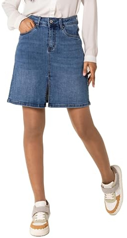 Nina Carter P213 Jupe courte en jean pour femme avec fente avant et fermeture éclair élastique - Look usé, S