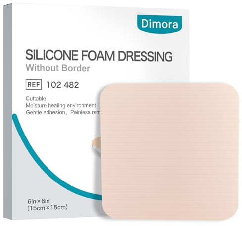 Dimora Silicone Foam Dressing Without Border - 6x 6 Highly Absorbent Adhesive Bandages for Wounds Cuttable Pads for Wound Care 5 Pack