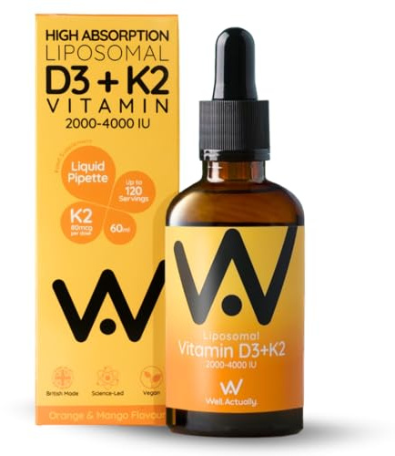 WELL ACTUALLY Liposomal Vitamin D3 4000 IU + K2 MK-7 160mcg Liquid Drops - High Strength Vegan VIT D3 K2 Supplement - Immune & Bone Support - 120 Servings | Orange & Mango