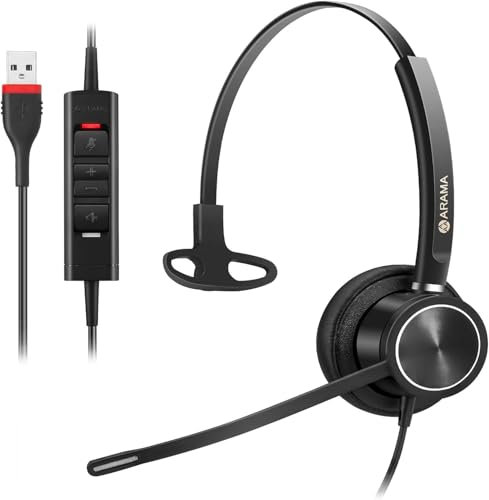 Arama Auriculares USB con micrófono para PC portátil, auriculares mono con cable con micrófono con cancelación de ruido y control en línea para negocios, hogar, oficina, centro de llamadas, clase en