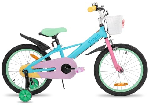 STITCH Macaron bicicletta da 18 pollici per bambini dai 6 ai 8 anni, bici da 18 pollici per ragazze con cesto e ruote d’appoggio, blu