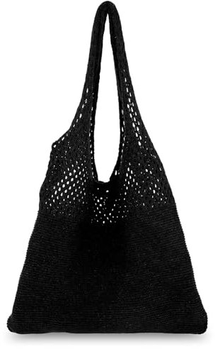 Andibro Strandtasche,Damen Häkeltasche Gehäkelte Mesh Tote Bag Boho Sommer Tragetaschen Umhängetasche Netz-Stricktasche für Reisen Einkaufen und Alltag (Schwarz)
