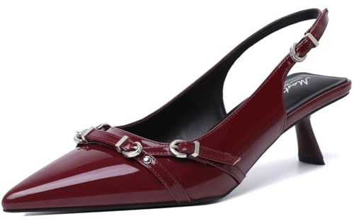 Mostrin Red Slingback Kitten Heels Pointed Toe Pumps Patent Leather Low Heel Dress Shoes for Dating Party Working Size 7