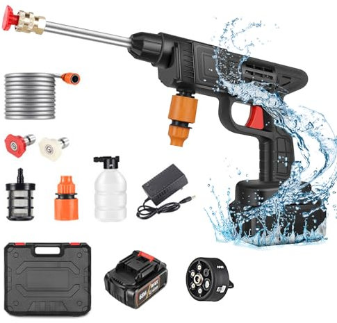 Akku Hochdruckreiniger, 48V Max 90Bar Mobiler Hochdruckreiniger mit 6-in-1 Multi-Sprühdüse,5M Schlauch, Verlängerungslanze, Gartenhaustier Outdoor Autoreinigungswerkzeug