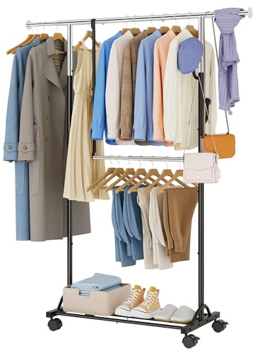 FAVOOSTY Stand Appendiabiti con Ruote, Attaccapanni Estensibile,Barra centrale regolabile, Doppia barra, (90-120) x 39,5 x160 cm, Facile montaggio,Nero