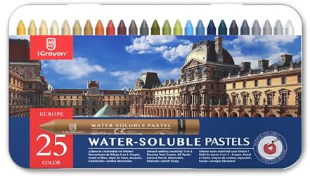 iCrayon 25 Colors Water Soluble Pastels, Watercolor Pastels Set for Beginners and Hobbyists, Includes Sharpener, Palette & Brush for Vibrant Art Creations (Europe)