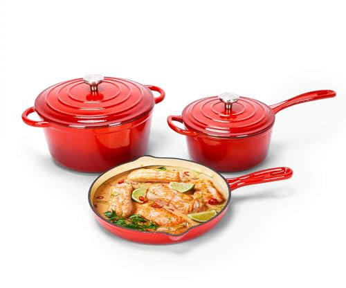 Hisencn Juego de utensilios de cocina de hierro fundido esmaltado de 5 piezas, horno holandés, sartén y sartén con tapas, sin PFOA, compatible con inducción, rojo rojizo