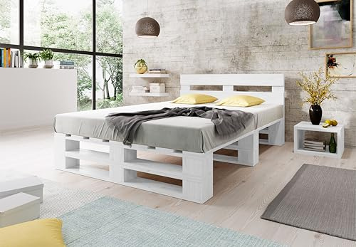 Lermowood Palettenbett M2 aus Holz 140 x 200 cm Weiß mit Kopfteil Holzbett 30cm Stabiles Seniorenbett Kinderbett Jugendbett Gästebett erhöhtes Einzelbett Bettgestell Futonbett Komforthöhe Naturholz