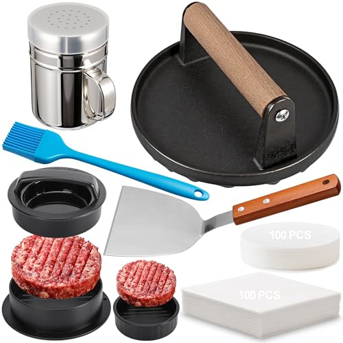 GPYG 7 Cast Iron Smash Burger Press, Hamburger Press Patty Maker, Stainless Steel Spatula, Nonstick Patty Papers, Seasoning Shaker and Brush, Smash Burger Press Kit for Blackstone Griddle Grills