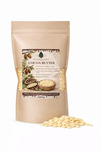 Woodflame Kakaobutter, pastiller, 200 g, Perfekt lämplig för kosmetika, naturligt veganskt och rent, Theobroma cocoa frökötter, livsmedelskvalitet
