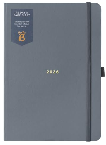 Busy B 2026 A5 Diary Day-A-Page Planner for Students, Professionals & Teachers - Charcoal Daily Planner with Gold Foil, Jan - Dec, Elastic Band & Ribbon Marker - Organizer for Desk or Handbag