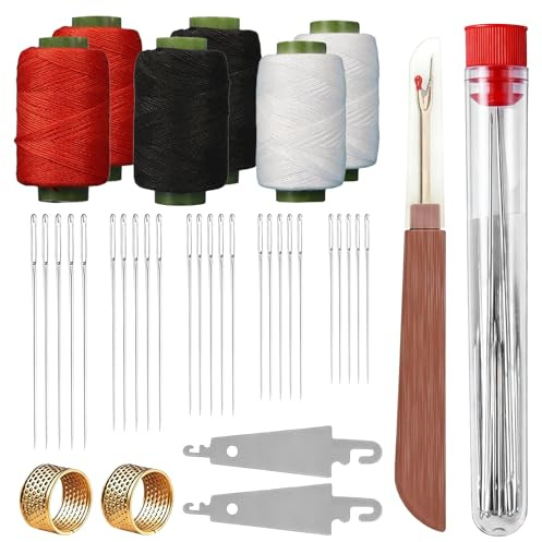 37pcs Big Eye Steel Sewing Needles Kit, Mini Sewing Kit with Thread for Beginners, Awl and Thimble, Compact Travel Sewing Repair Kit for Leather, Upholstery, Canvas, Clothing and DIY Projects