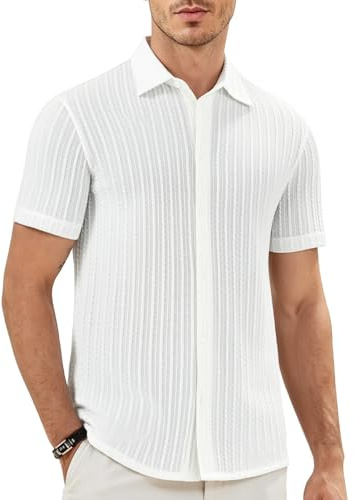 Mauro Kane Chemise Homme Manches Courtes sans Repassage Léger Jacquard Maille Infroissable Chemise de Bureau Été Loisirs Regular Fit