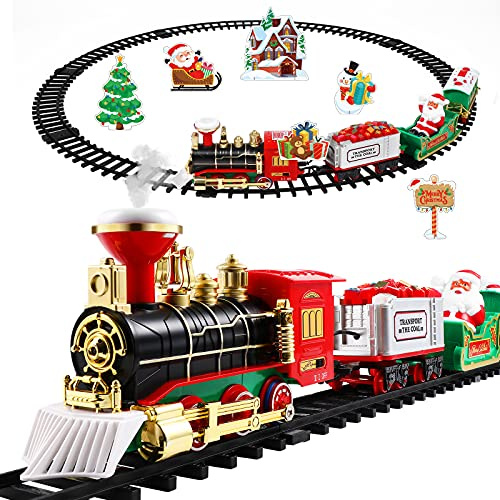 TOYANDONA Christmas Train Set, Locomotive Engine Toy Train Set Battery Powered Electric Railway with Lights and Sounds for Under Around the Tree,