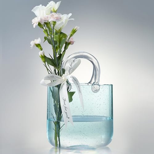 Lei-JG Thickened Glass Purse Vase for Flowers Gift Set-(Handmade 5mm Crystal-Unique Cute Clear Bag Vase with Reinforced Gift Box, Premium Table Centerpiece for Wedding/Mothers Day (Light Blue)