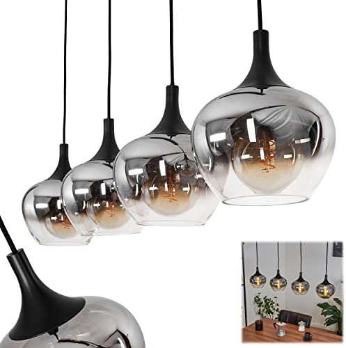 Hänglampa Azurara, hänglampa av metall/glas i svart/rökfärg, lampa i vintage/retro-design med skärmar av glas (Ø19,5cm), höjd max. 121cm, 4x E27, utan glödlampor