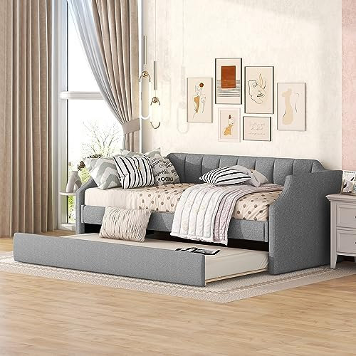 ZYLOYAL10 Upholsteed Bett 90 x 200 (190) cm mit Bettkasten, Funktionsbett, Jugendbett, Gästebett, Tagesbett, ausziehbares Schlafsofa (Grau)