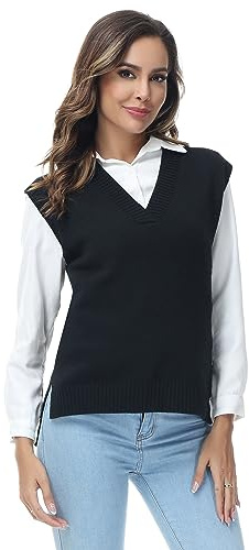 MODFUL Maglia da donna senza maniche con scollo a V, maglione grosso classico, Nero , XXL