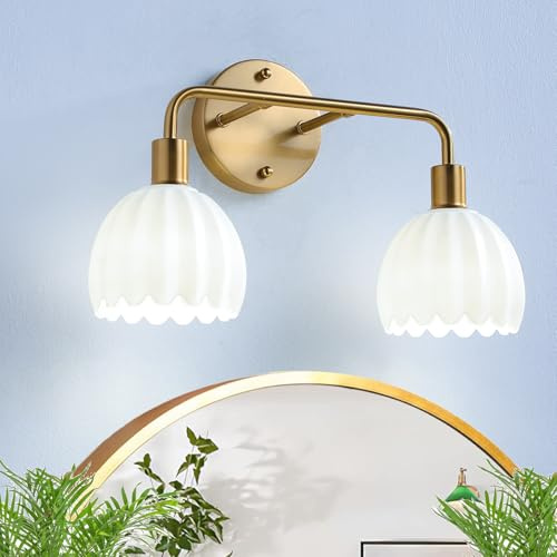 vivihobb 2-Light Gold Brass Bathroom Light Fixture,Wall Sconces,Brushed Gold Vanlity Light Over Mirror,Bathroom Vanity Light with White Glass Flower Shade,E26 Socket(Bulbs Not Included)