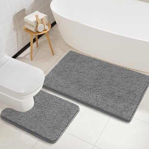 LOCHAS Bathroom Rugs Sets 2 Piece, 20''x20'' & 34''x21'', Light Grey