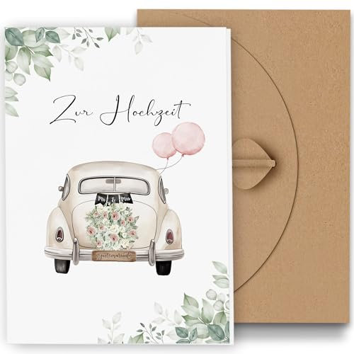 Legezon Premium Hochzeitskarte mit Umschlag aus Kraftpapier, Glückwunschkarte Hochzeit Edel Personalisiert Schöne Hochzeit Geschenke für Brautpaar Hochzeitsauto Muster Klein(12x17cm)