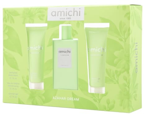 AMICHI - Azahar Dream, Estuche de Regalo Mujer, Colonia 75 ml + Crema Corporal 75 ml + Gel de Baño 75 ml, Perfume Formato Spray, Eau de Toilette Femenina, Agua Fresca, Fragancia Cítrica, Aroma Exótico