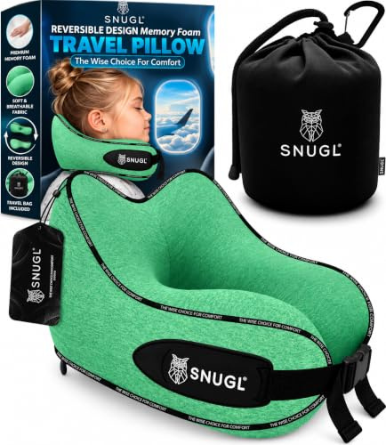 SNUGL Travel Pillow – Memory Foam Neck Pillow for Travel – Support Cushion for Airplane with Carry Bag & Clip - Holiday Essentials for Kids (Green - Kids)