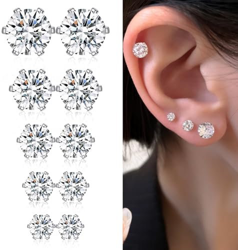 5 Paar Ohrringe Magnet Herren, Magnet Ohrringe Für Herren Damen, Magnetische Ohrringe Herren, Edelstahl Zirkonia Magnetische Ohrstecker, Magnet Ohrringe Set, Non-Piercing Ohrclip Ohne Ohrloch