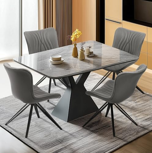VATROS Dining Chairs Set of 4, 360° Swivel Upholstered Mid-Century Modern Kitchen Dining Room Chairs, Armless Faux Leather Accent Side Chair with Padded Back, Metal Legs for Living Room Bedrooms,Grey