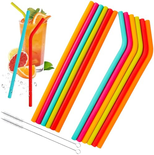12Pcs Silicone Straws Reusable,6 Bend+6 Straight Colorful Drinking Straw with 2 Cleaning Brushes,Flexible Regular Size Replacement Smoothie Straw for Kids&Adults, Perfect for Cocktail,Juice,Hot Drinks