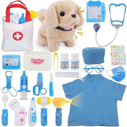 TEUVO Malette Docteur Enfant, Veterinaire Enfant avec Blouse de Médecin, Stéthoscope, Thermomètre, Seringue, Médical Jeu d'imitation Jouets de Rôle 25 Pièces, Cadeaux Jouet Enfants 2 3 4 5 6 7 8 Ans